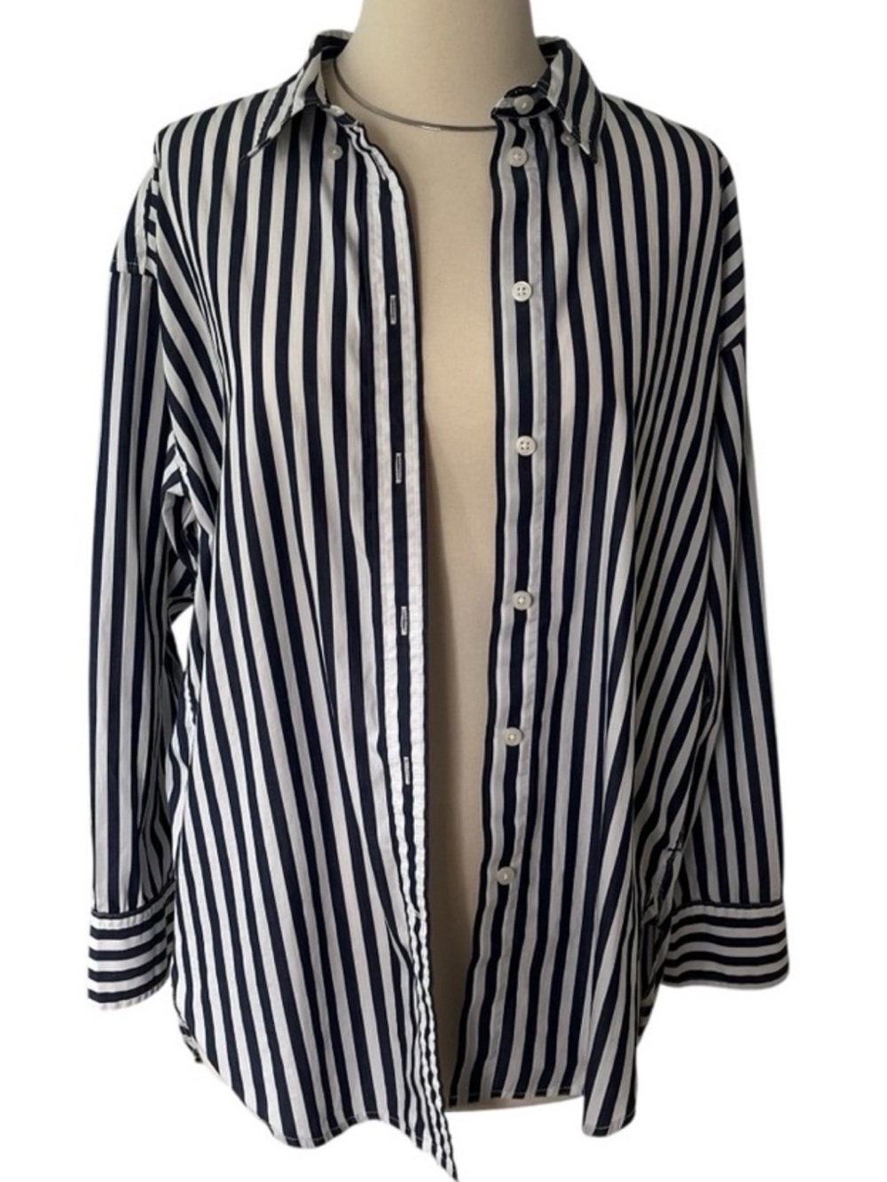 J. Crew cotton navy blue and white striped button down shirt 10